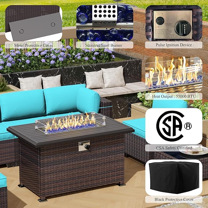 15 Pieces Outdoor Patio Furniture Set,Outdoor Sectional Furniture with 43" 55000 BTU Gas Propane Fire Pit Table,All Weather PE Rattan Wicker Patio Conversation Set,Turquoise Blue