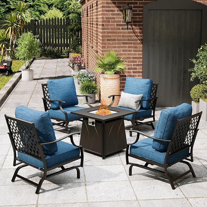 MIXPATIO Patio Furniture Set with Fire Pit Table, 5 Pcs Metal Outdoor Conversation Set, 4 Rocking Chairs with 5.75" Extra Thick Cushion and 28" Fire Pit Table for Backyard Deck, Green Blue