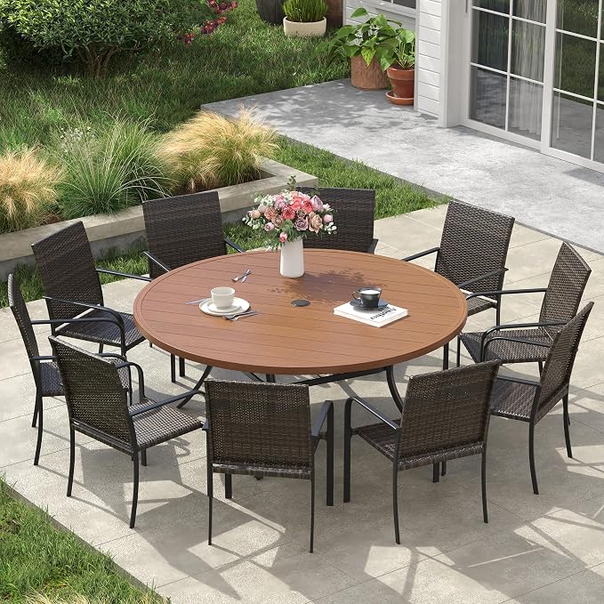 VICLLAX 11 Pieces Patio Dining Set, 10 Stakable Wicker Outdoor Chairs and 63" Patio Round Metal Table with Umbrella Hole for Backyard Lawn Deck, Walnut Tabletop