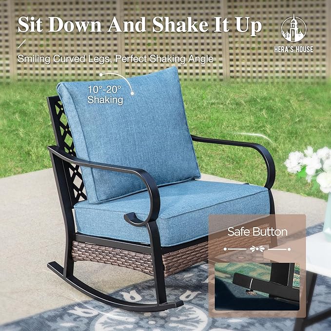 HERA'S HOUSE 5 Piece Metal Patio Furniture Set, 7 Seats All Weather Outdoor Conversation Set, 3 Seat Sofa with Loveseat, 2 Rocking Chairs, Coffee Table for Backyard, Garden, Deck, Navy Blue