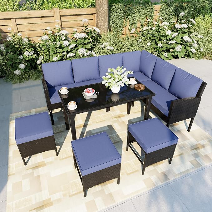 7 Pieces Outdoor Dining Set, Wicker Conversation Patio Furniture with Glass Table, L-Shaped PE Rattan Sectional Sofa Seating with Ottomans for Outside, Backyard, Balcony, Garden, Blue Cushions