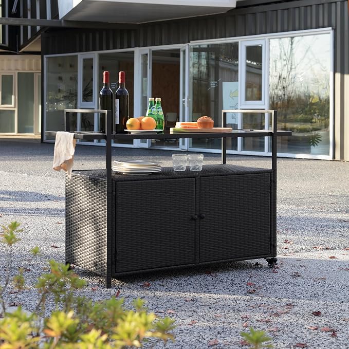 Outdoor Kitchen Island Wicker Rattan Bar Table, Glass Top Patio Serving Cart Rolling Bar Cart with 2-Tier Shelf & Cabinet for Patio Poolside Party (Black)