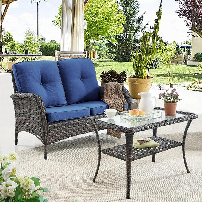 Belord 7 Piece Outdoor Patio Furniture Sets with Rocking Chairs, Wicker Loveseat Conversation Sets for Patio Deck Backyard Poolside, Blue Cushion