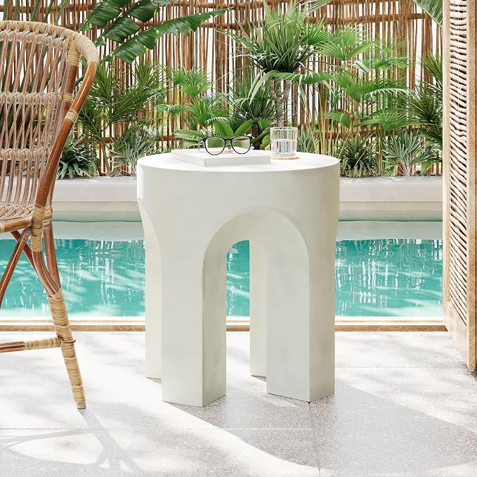 Outdoor Side Table 18" U-Shape Shape Concrete Side Table, Patio Tables for Outside Decorative Garden Stools, No Assembly Accent Table for Patio Porch Living Room, White