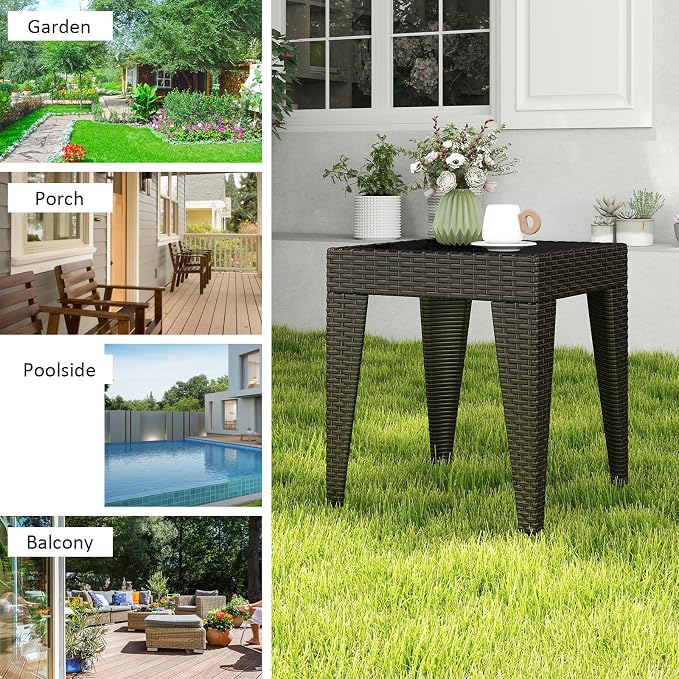 Kinfant Rattan Patio Side Table - Modern Wicker End Table, PE Coffee Table with Glass Top, Weather-Resistant Patio Furniture for Patio, Balcony, Garden, and Poolside (1, Rattan Black)