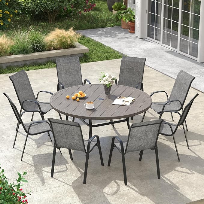 VICLLAX Round Patio Dining Set for 8, Metal Slatted Patio Table with Umbrella Hole and Stackable Patio Chairs for Deck Lawn Garden, Grey Fabric and Antique Grey Tabletop
