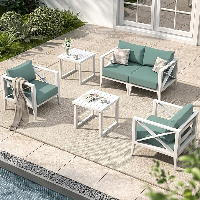 MBY 6-Piece Oversized Aluminum Patio Furniture Set–White Outdoor Conversation Sofa Set with Coffee Table, Deep Seating, Rust-Proof, All-Weather for Backyard, Deck, Balcony
