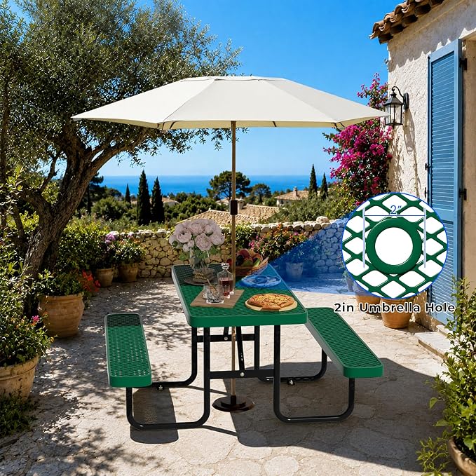 4FT Rectangular Steel Outdoor Picnic Table, Commercial Picnic Table Bench Set with Umbrella Hole, Weather-Resistant Heavy Duty School Dining Table for Stores, Park, Patio, Garden, Backyard, Green