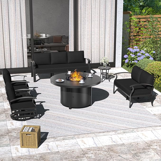 ALAULM Aluminum Patio Furniture Set with 40,000 BTU Round Propane Fire Pit Table 7-seat Metal Outdoor Furniture w/ 2 Swivel Chairs Patio Sectional Sofas for Patio, Lawn, Poolside（Black