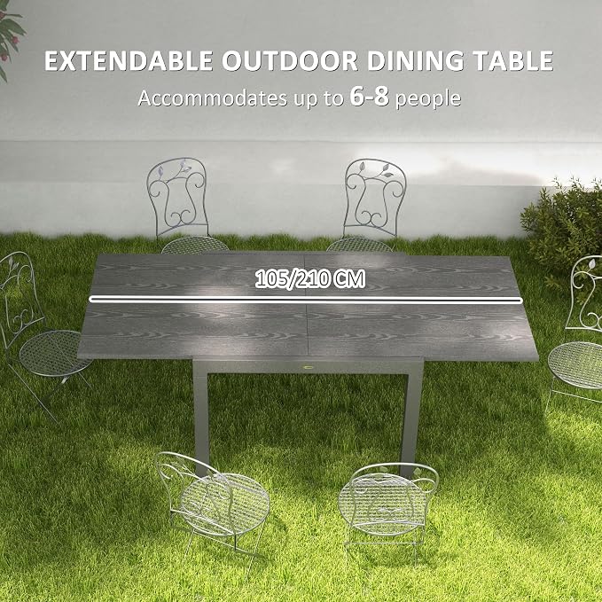 Outsunny Extendable Outdoor Dining Table, 41"- 83" Aluminum Frame Patio Table with Wood Effect Steel Top, Rectangle Expandable for 6-8, Dark Gray