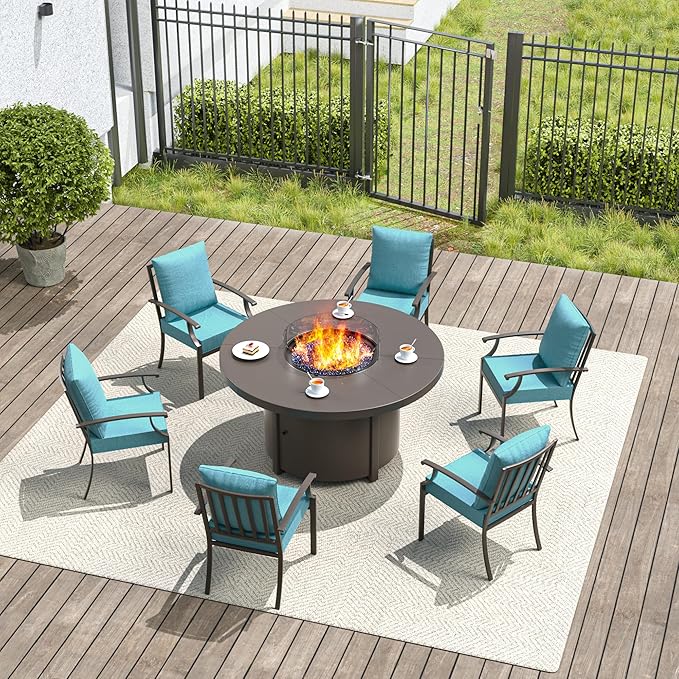 7 Pieces Outdoor Patio Furniture Set with 48" Round Propane Fire Pit Table,Patio Dining Set Outdoor Conversation Sets 6 Chairs for Deck,Backyard and Garden,Blue
