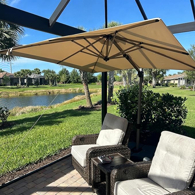 PURPLE LEAF 8’ X 8‘ Patio Umbrella Outdoor Cantilever Umbrella, Aluminum Offset Umbrella with Champagne Frame and 360° Rotation for Pool Deck Garden, Beige