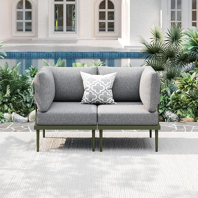 Metal Patio Furniture Set, 2 Pieces Outdoor Sectional Sofa Sets, 6" Thick Cushion Modular Outdoor Loveseat for Balcony, Patio & Courtyard (Gray/Green)