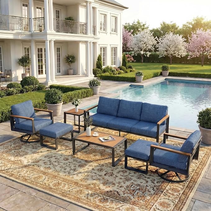 Aluminum Outdoor Patio Furniture Set 7 Pieces, 2 Swivel Rocking Chairs, 3-Seater Bench, 2 Ottomans, Coffee Table & Side Table, Patio Sectional Conversation Furniture Set with Thick Cushions