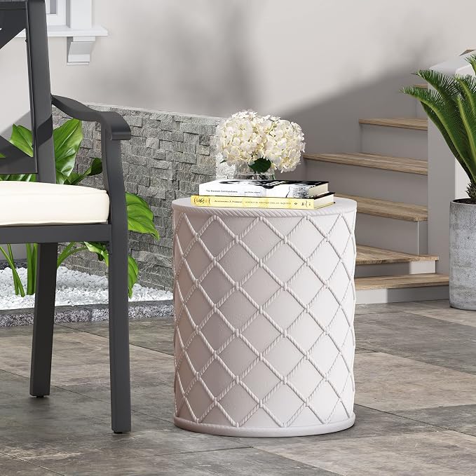 Merax Round Cylindrical End Table 15" Dx18 H Outdoor Patio Lightweight Concrete Side Table Modern Aesthetic Accent Table, Grid Pattern, Antique White