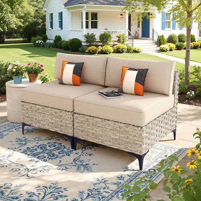 2 Pieces Patio Sectional Furniture Set, Outdoor Wicker Sectional Couch Middle Seats, Modern Conversation Set for Porch Balcony Backyard, Beige