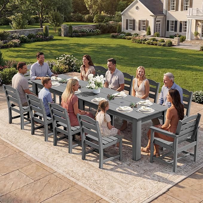 SERWALL Outdoor Dining Sets for 6, HDPE Dining Sets with 1 Umbrella Hole Cut-Out Rectangular Table and 4 Armless Chairs and 2 Armchairs, Patio Dining Sets, Gray