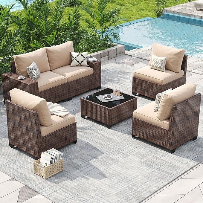 Aoxun Patio Fruniture Sets, Wicker Outdoor Patio Furniture Set with 4 in Thick Cushions and Widen Armrests, All-Weather Outdoor Sectional for Backyard, Garden and Poolside (Waterproof Cover Included)