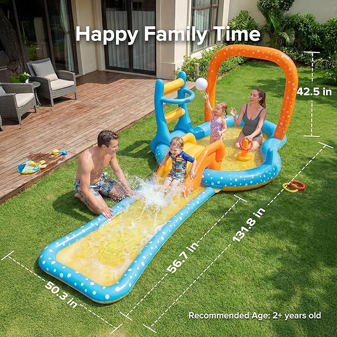 Inflatale Kiddie Pool with Slide, 131.8" Kids Water Play Center with Splash Pool, Outdoor Backyard Water Toy for Summer Fun, Blue & Orange
