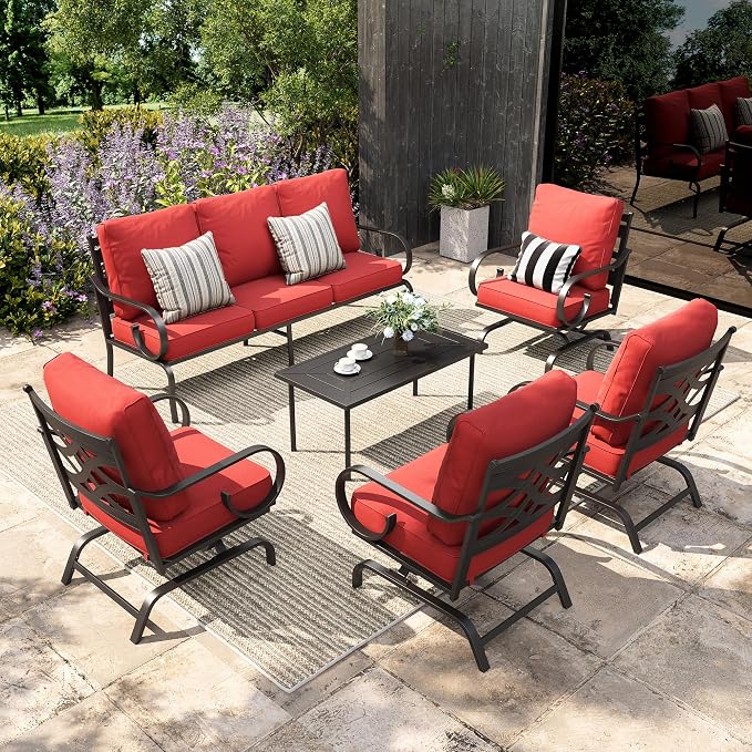 Sophia & William Patio Conversation Set for 7, 3-Seater Sofa, 4 Rocking Chairs and a Coffee Table, Metal Outdoor Furniture with 5.75" Extra Thick Cushions, Red