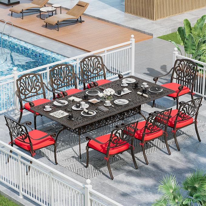 MAGIC UNION 9 Pieces Outdoor Dining Set, Cast Aluminum Retro Patio Dining Set Includes 87" Rectangular Dining Table with Umbrella Hole and 8 Stackable Dining Chairs with Cushions (Red)