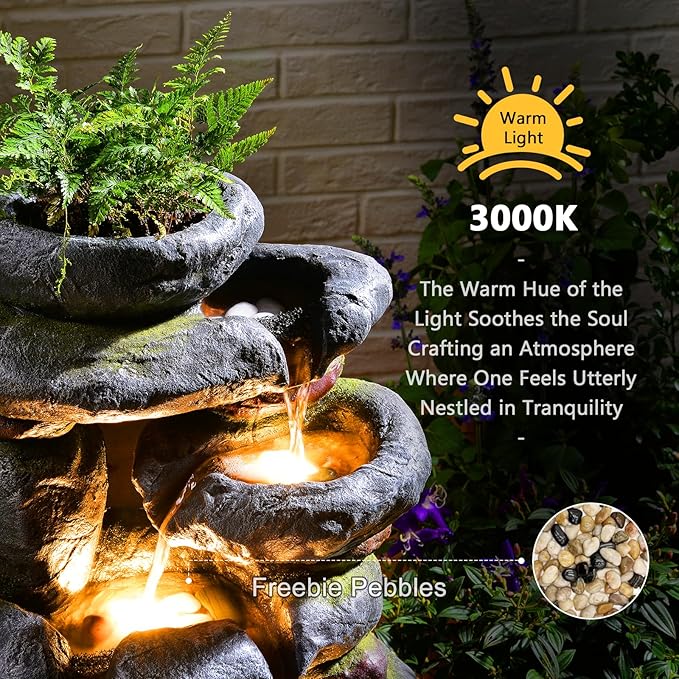 5 Tiers Cascading Solar Water Fountain Outdoor Garden,29.5" H Outdoor Water Fountain with LED Lights Pump and Flowers Pot for Patio, Backyard, Deck, Porch, Home Decor Natural Stone Look