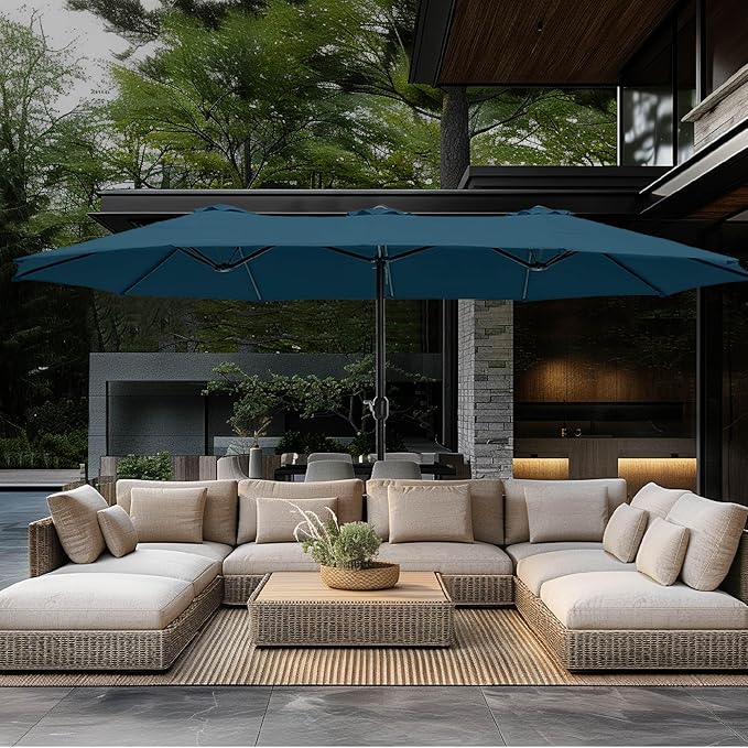 GREEN PARTY 15 ft Rectangular Patio Umbrella with Base Included, Large Double-Sided Outdoor Table Umbrella with Crank, 1.9" Pole UPF 50+ UV Resistant for Pool Deck Backyard Garden, Cerulean