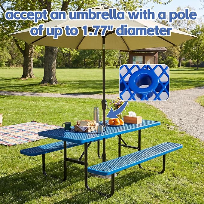 72" Outdoor Rectangular Picnic Table with Umbrella Hole, Heavy Duty Commercial Grade Steel Camping Table for Backyard Patio Deck, Weather-Resistant Blue Metal Mesh