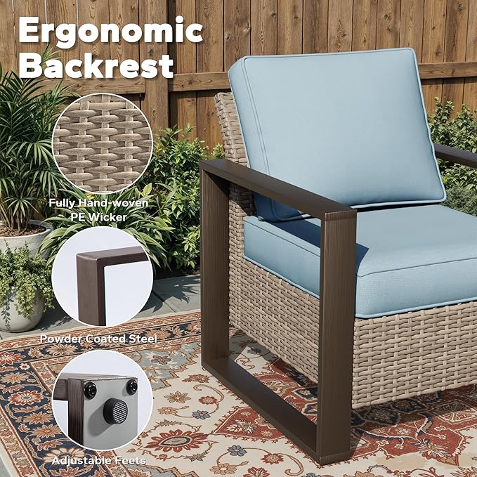 Joyside Outdoor Patio Chairs Set, 2 Pieces Wicker Rattan Chairs with Metal Wide Armrest, Thick Cushions and Deep Seating for Garden, Backyard, Porch, Deck