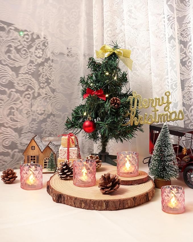Homemory 2" x 2" Acrylic Votive Candle Holders with Auto Timer Flameless Led Tealight with, Battery Powered Fake Electric Candles for Wedding Centerpiece, Table, Christmas Decor (12Pack, Pink Base)