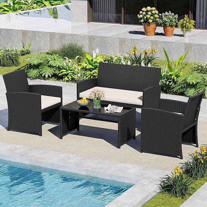 HAPPYGRILL 4 Piece Rattan Wicker Patio Conversation Set, Outdoor Furniture with Chair Loveseat Table & Cushion, for Backyard Porch Balcony (1, Black & Off White)