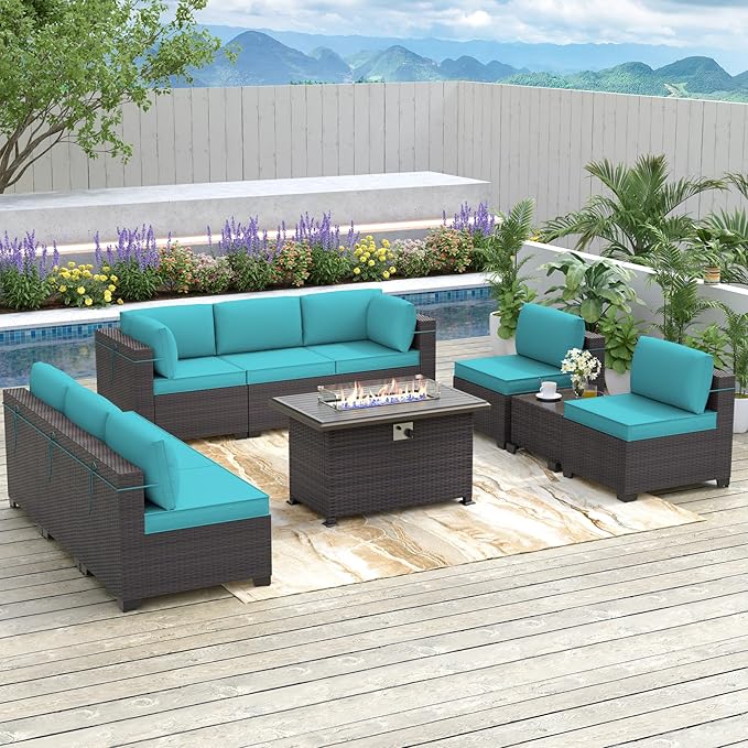 Patio Furniture Sectional Sofa 10PCS PE Rattan Patio Conversation Set w/43in Gas Fire Pit Table, Patio Outdoor Furniture with 4 Inch Thickened Cushions and Glass Coffee Tables, Blue
