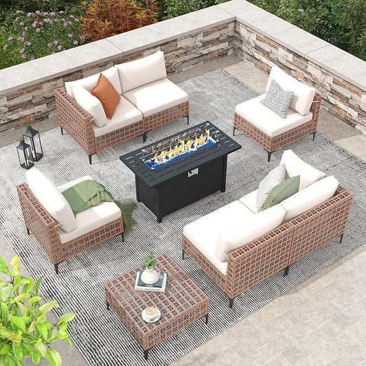 8-Piece Wicker Patio Furniture Set with Propane Fire Pit Table, Natural PE Rattan Outdoor Sectional Sofa with Water-Resistant Cushions, Wind Guard and Cover for Backyard Lounge Area(White)