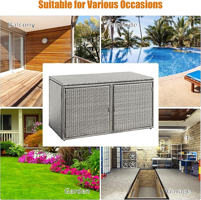 DORTALA 88 Gallon Deck Box Organizer, Wicker Large Indoor Outdoor Storage Container Cabinet for Patio Furniture Cushions Garden Tools, Gray