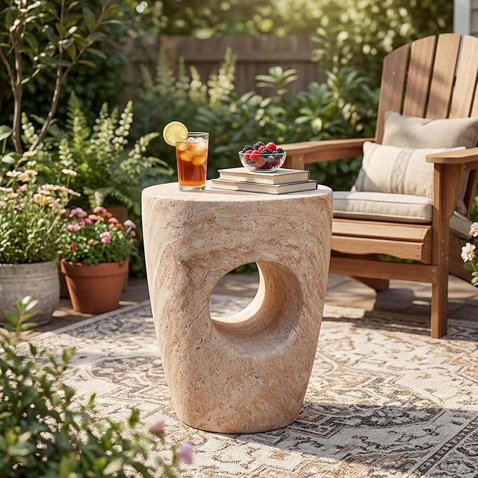 Christopher Knight Home Aria 18.5" H Outdoor Side Table, Round End Table with Hollow Design, Small Accent Table for Indoor/Outdoor, Minimalist Coffee Table for Patio Balcony, Beige+Natural