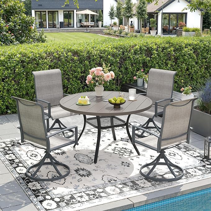 DIFY 5 Piece Outdoor Patio Dining Set for 4, 40.6" Grey Wood-Like Round Metal Dining Table and Swivel Patio Chairs with Grey Padded Textilene, All-Weather Outdoor Furniture Set for Garden Backyard