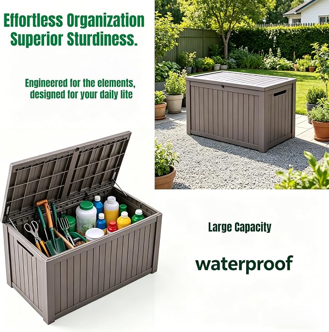 197 Gallon Large Resin Outdoor Storage Box, Waterproof Deck Box, Lockable Deck Container with Reinforced Support, Outdoor Chest for Patio Accessories, Outdoor Cushions, Garden Tools, Taupe Gray