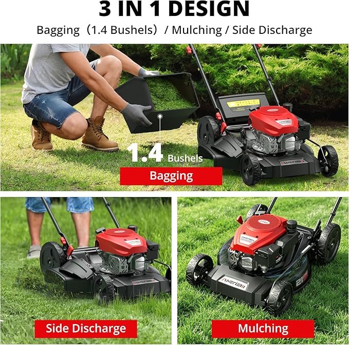 AMERISUN Gas Lawn Mower 21-Inch, 144cc Walk Behind Push Mower with 3-in-1 Mulching, Rear Bag & Side Discharge, 6-Position Adjustable Cutting Height, Heavy-Duty Steel Deck for Yard & Garden Care