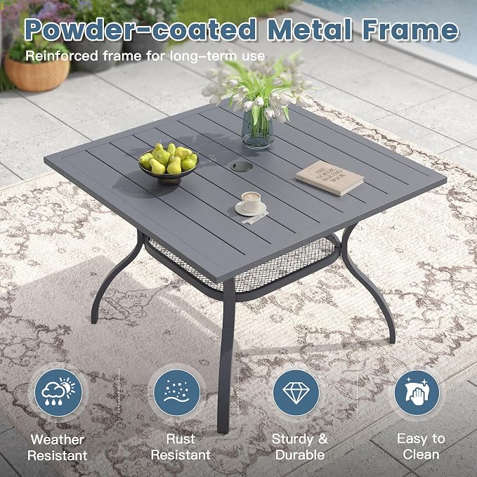 DIFY 5 Pieces Outdoor Dining Set, Metal Patio Table and Chairs Set for 4, 37.8" Square Dining Table with Umbrella Hole & Wicker Swivel Patio Chairs with Cushions, Grey Tabletop