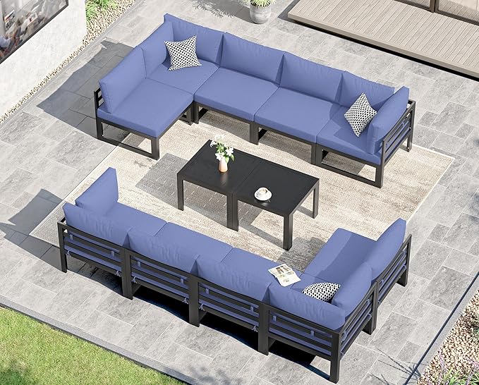 NICESOUL 12 Piece Extra Large Modern Aluminum Patio Furniture Set, Modular Outdoor Conversation Set with Coffee Table, 500 lbs Heavy Duty Comfortable Sectional Sofa for Poolside Exterior, Denim Blue