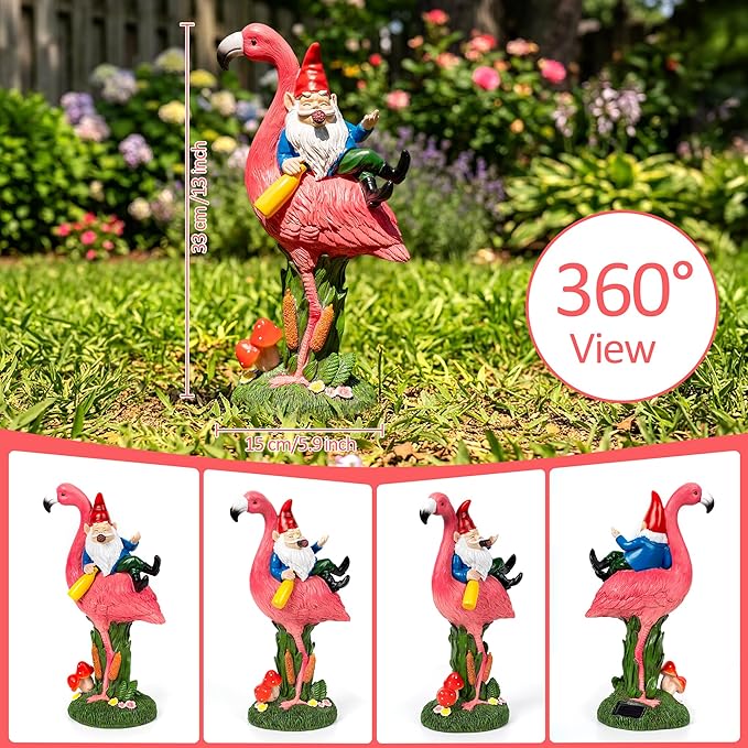 Candieslife Funny Garden Gnome Riding Flamingo Statue - Solar Powered LED Light Up Yard Art, Weatherproof Outdoor Lawn Ornament Decor for Patio Porch Lawn, Housewarming Birthday Gift for Men Women