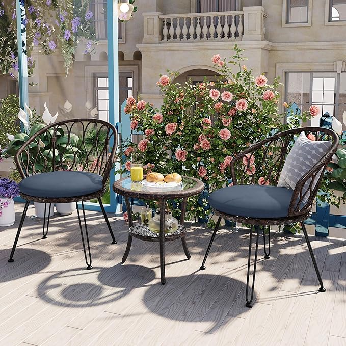 Montary 3 - Piece Outdoor Leisure Set,2 Stylish Hand - Woven Rattan Single Chairs & a Sturdy Tempered Glass Round Table - Ideal for Relaxing on Balconies and Courtyards,Brown & Blue