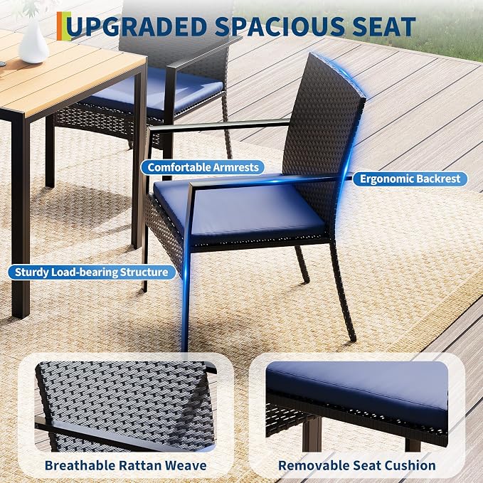 5 Piece Patio Dining Set, Wicker Outdoor Table and Chairs with Umbrella Hole ＆ Soft Cushion, Patio Furniture Set for Backyard, Garden, Poolside, Deck - Black＆Blue