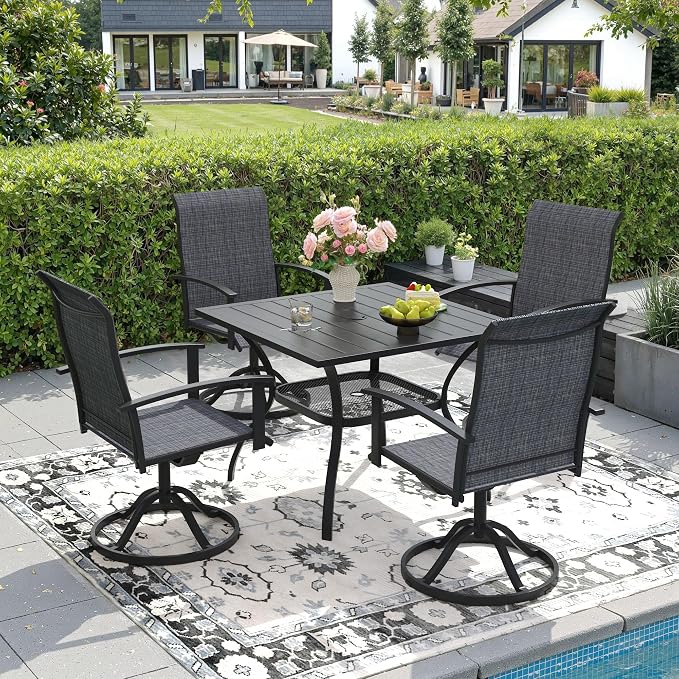 DIFY 5 Pieces Outdoor Dining Set, Metal Patio Table and Chairs Set for 4 with Umbrella Hole, 37.8" Black Square Table and Dark Grey Textilene Swivel Patio Chairs for Garden, Backyard, Poolside