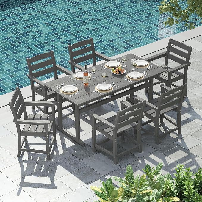 nalone 7-Piece Patio Dining Table Set, HDPE Outdoor Dining Sets with Table and 6 Chairs, Dining Furniture Set with Umbrella Hole (Grey, 7 Pcs)