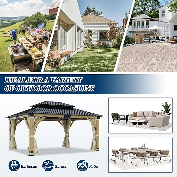 COVERONICS 13FT x 15FT Outdoor Wooden Gazebo - Patio Wood Frame Gazebo with Galvanized Steel Hardtop, Heavy-Duty Hardtop Gazebos with Netting & Curtains for Garden, Poolside, Deck, Backyard