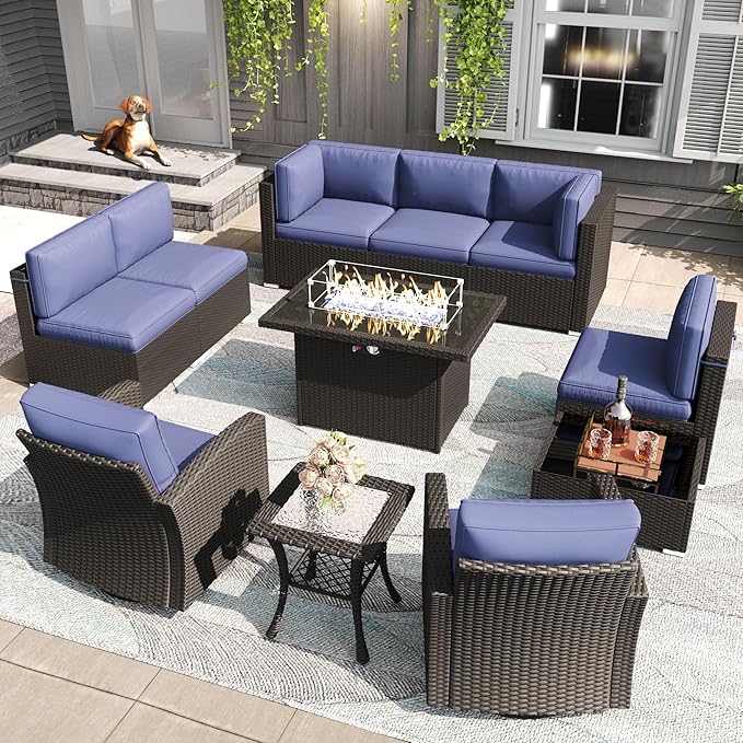 LayinSun 11 Pieces Patio Furniture Set with Fire Pit Table, Black Rattan Modular Sectional Outdoor Conversation Sofa Set, Swivel Rocking Chairs Set