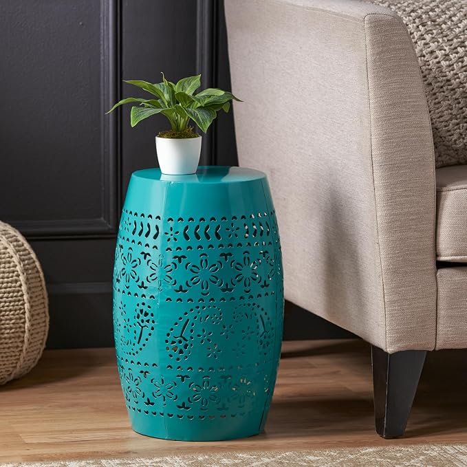 Merax Outdoor Side Table Iron Hollow Out Lace Frame 9.5"-12"x18" Round Patio Side Table, Teal Color