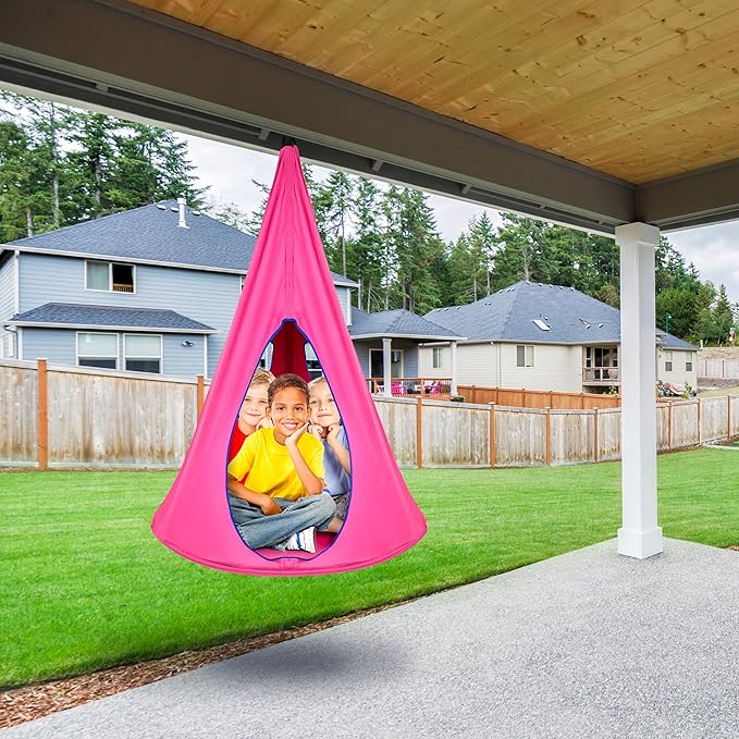Sorbus Pod Swing for Kids - Durable Hanging Hammock Chair w/Adjustable Rope - 2 Windows & 1 Entrance - Tree Tent Sensory Swing for Kids Indoor Outdoor Use - 250lbs Sturdy Nest Swing - (Pink)