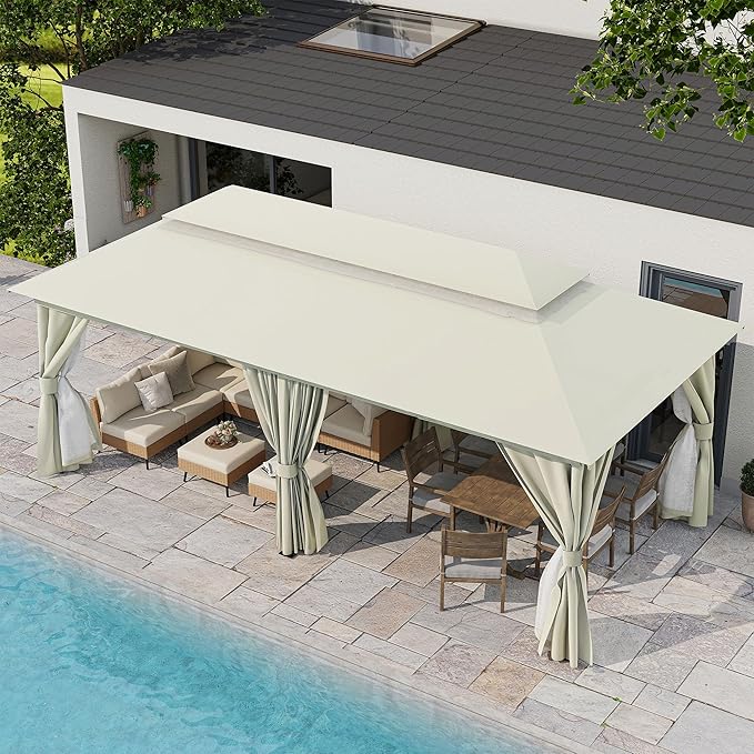 LAUSAINT HOME 10'x20' Outdoor Gazebo, Metal Frame Heavy Duty Patio Canopy Tent Shelter with Double Roofs, Mosquito Nettings and Privacy Screens for Backyard, Garden, Lawn, Cream White